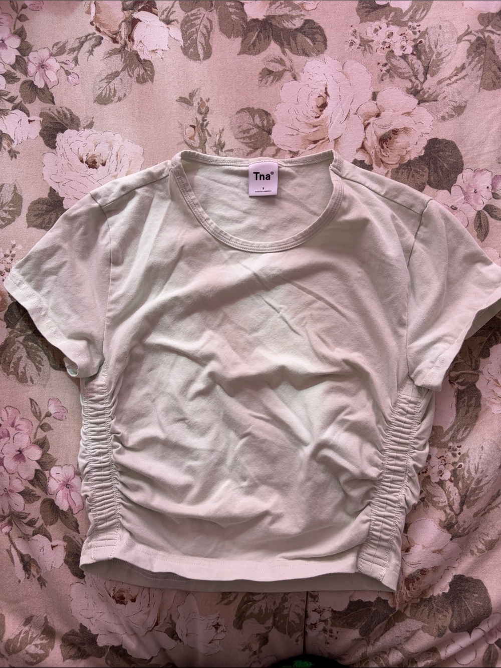 TNA Sage Green Ruched-Side Crop Tee